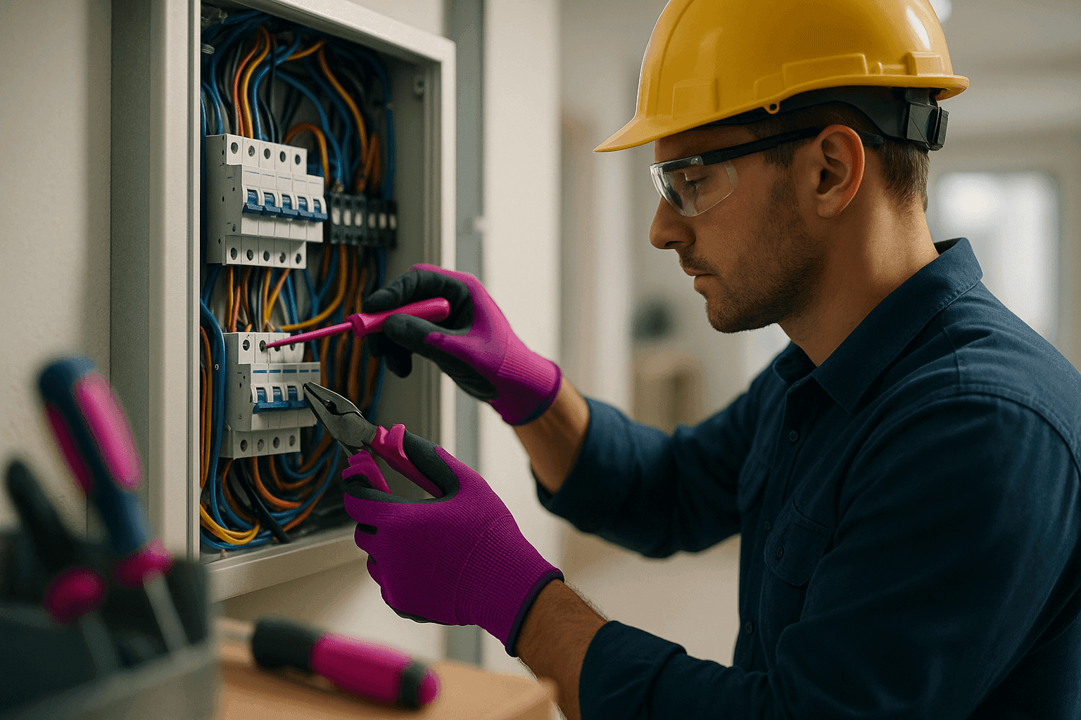Electrician wearing safety gear working on wiring inside an organized electrical panel