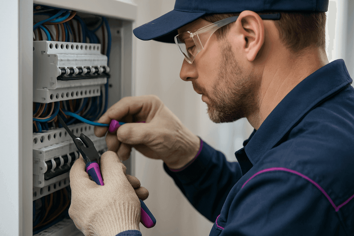 Close-up of electrician’s gloved hands connecting wires in a modern electrical panel